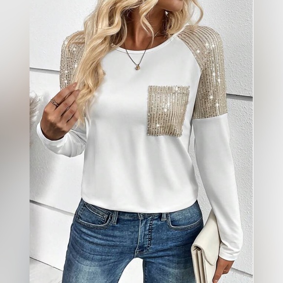 White/Gold Sequin-Embellished Raglan Sleeve Tee - Picture 4 of 8